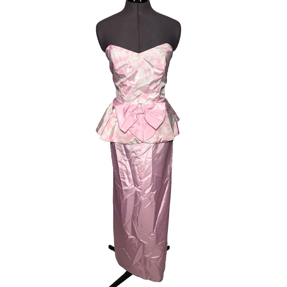 Vintage 80s Strapless Peplum‎ Bow Prom Dress Cottagecore Kawaii 36-28-42